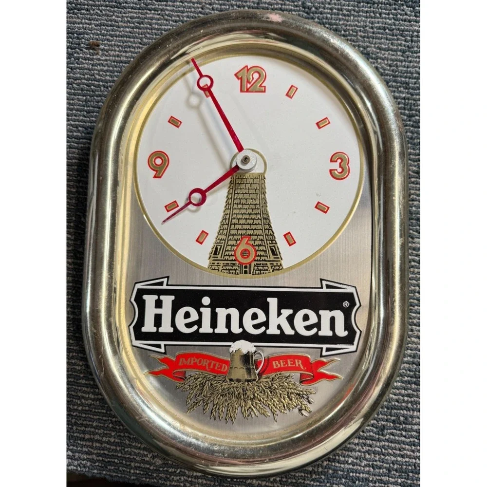 Vtg Heineken Beer Bar wall clock Working Gold Tone red hands